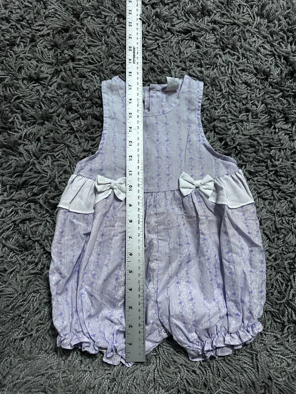 Vintage 70s 80s Baby Bubble Romper Purple Floral Pattern with Lace Size 18M